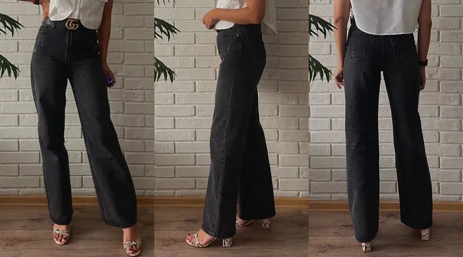 MiuKoMiYa Straight Leg Jeans For Women High Waist Gray Long Wide Denim Pants Vintage Blue Boyfriend Jeans