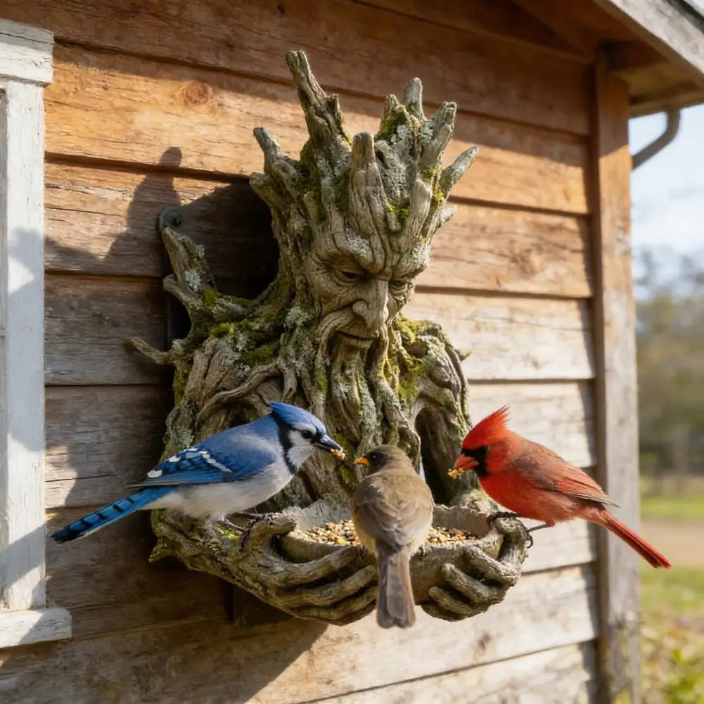 Mounted on Tree Bird Feeder Tree Face Bird Feeder Weatherproof Resin Decorative Birdseed Holder for Garden Backyard
