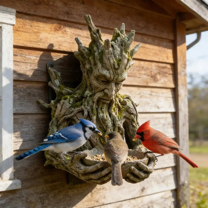 Mounted on Tree Bird Feeder Tree Face Bird Feeder Weatherproof Resin Decorative Birdseed Holder for Garden Backyard