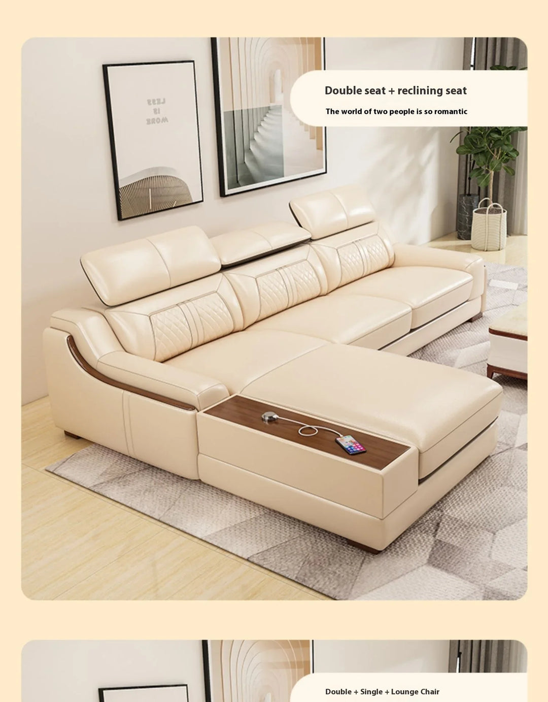 Stylish Italian Genuine Leather Sofa for Living Room with Cup Holder, USB, Adjustable Headrests & Bluetooth Speaker - Lazy Sofa