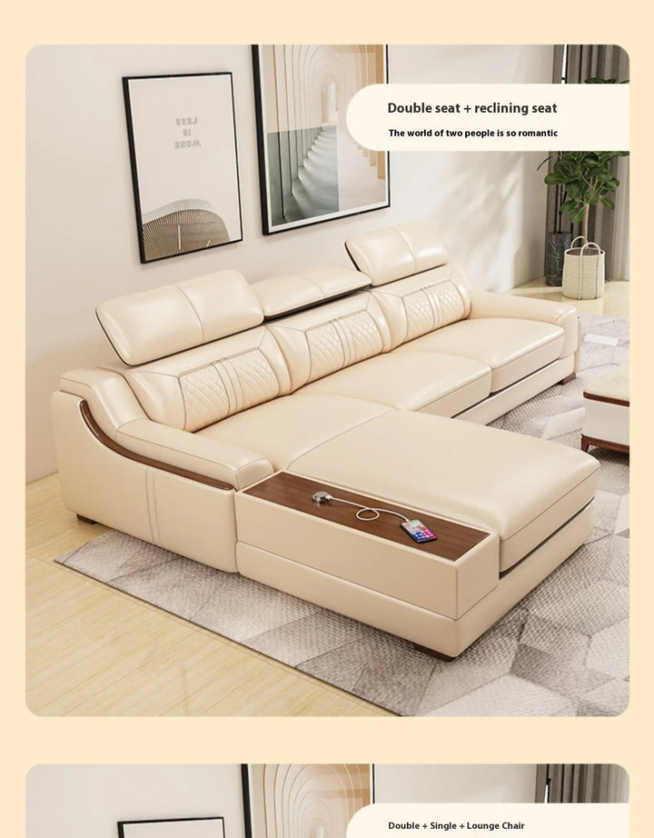 Stylish Italian Genuine Leather Sofa for Living Room with Cup Holder, USB, Adjustable Headrests & Bluetooth Speaker - Lazy Sofa