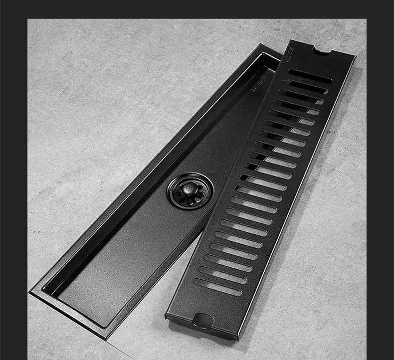 Black Floor Drain 304 Stainless Steel Shower Drain Long Strip Odor Proof Bathroom Floor Drainage Large Displacement