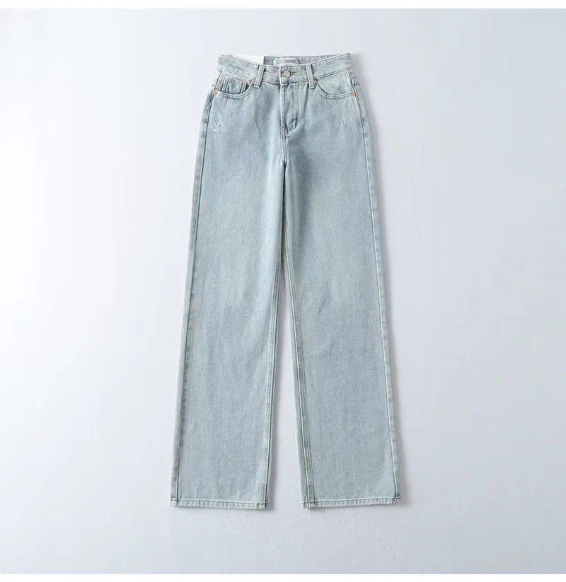 MiuKoMiYa Straight Leg Jeans For Women High Waist Gray Long Wide Denim Pants Vintage Blue Boyfriend Jeans