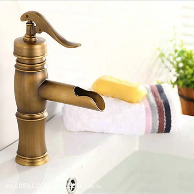 Copper antique brass washbasin hot and cold faucet European retro washbasin waterfall faucet single handle
