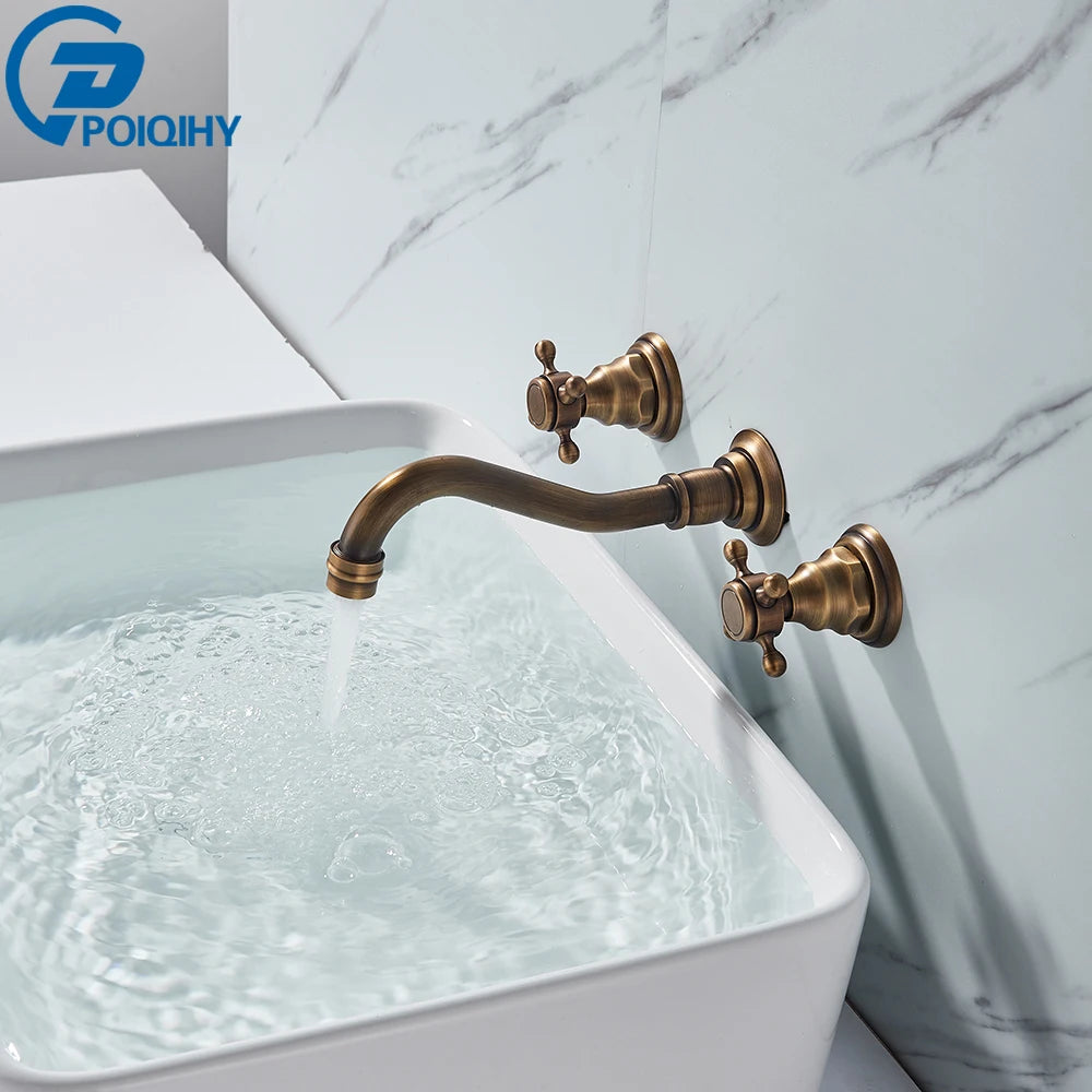 Antique Brass Bathroom Mixer Taps Widespread Basin Faucet Dual Handles Hot and Cold Tap Deck Mounted Brass Basin Sink Faucet