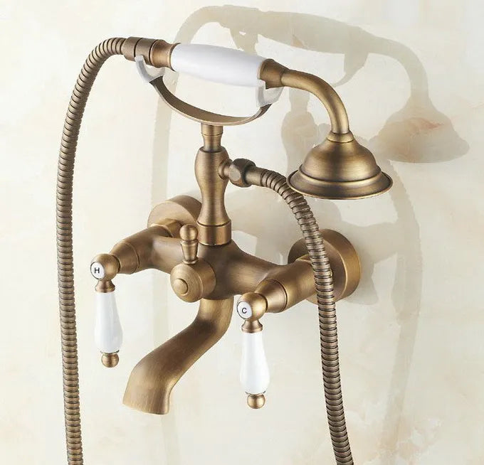 Vintage Retro Antique Brass Double Ceramic Handles Wall Mounted Claw Foot Bathroom Tub Faucet Mixer Tap With Handshower mtf152