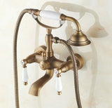 Vintage Retro Antique Brass Double Ceramic Handles Wall Mounted Claw Foot Bathroom Tub Faucet Mixer Tap With Handshower mtf152
