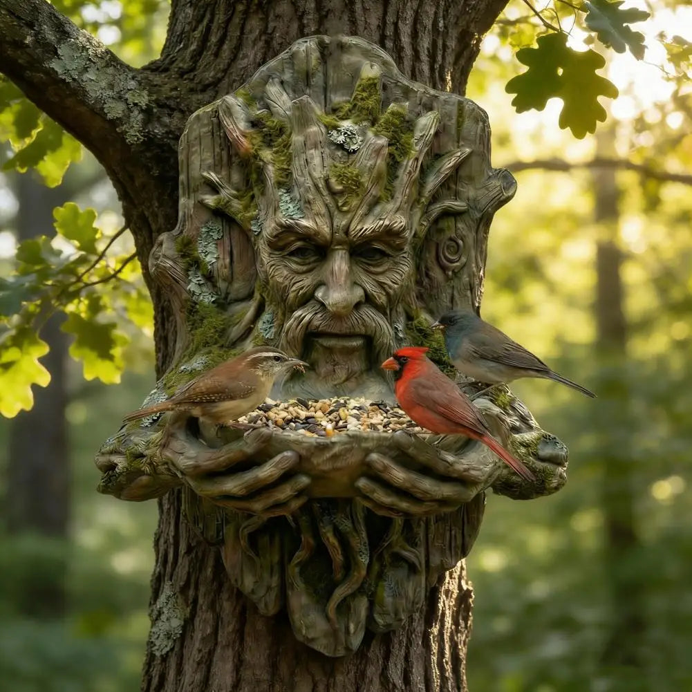 Mounted on Tree Bird Feeder Tree Face Bird Feeder Weatherproof Resin Decorative Birdseed Holder for Garden Backyard