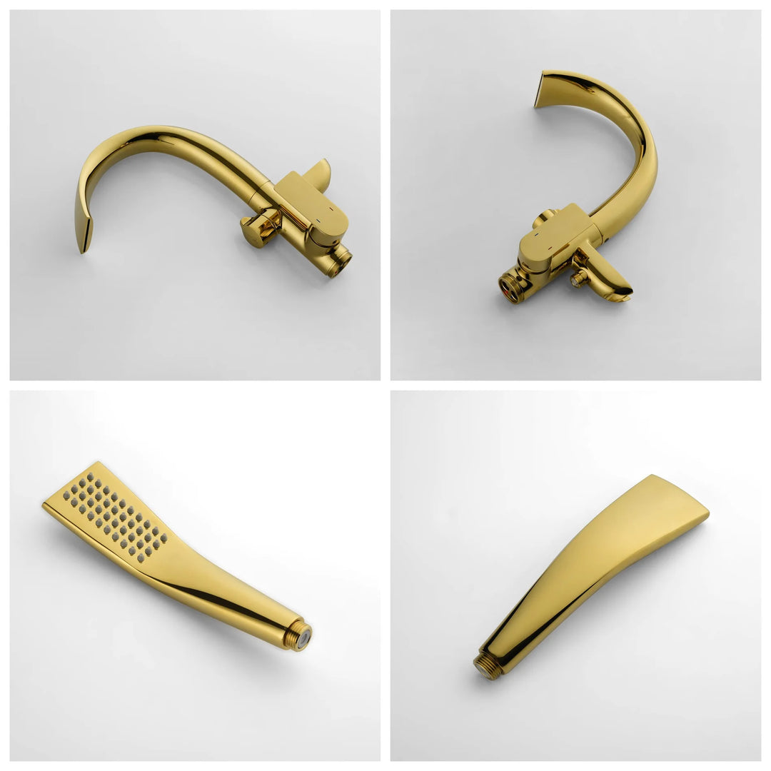 Floor Stand Waterfall Bathtub Faucet Solid Brass Bathroom Bathtub Water Mixer with Hand Shower in Brushed Rose Gold, Black, Gold