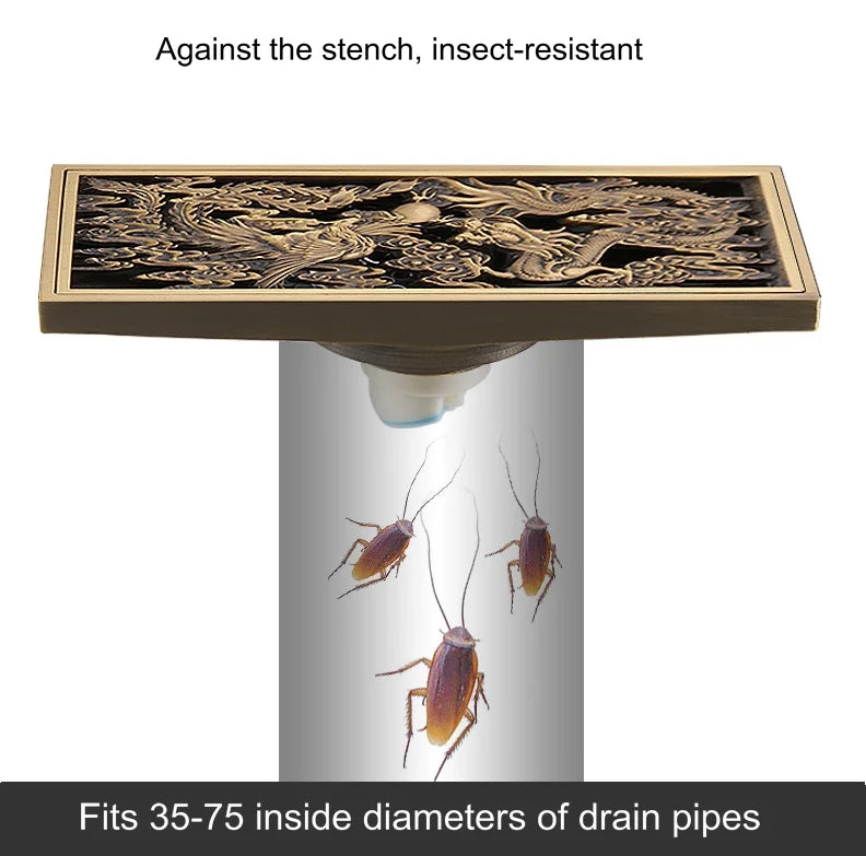 Bathroom Floor Drain Copper Antique Dragon Phoenix Picture Cover Large Displacement Floor Drain 20cm Long Strip Odor-Proof Drain