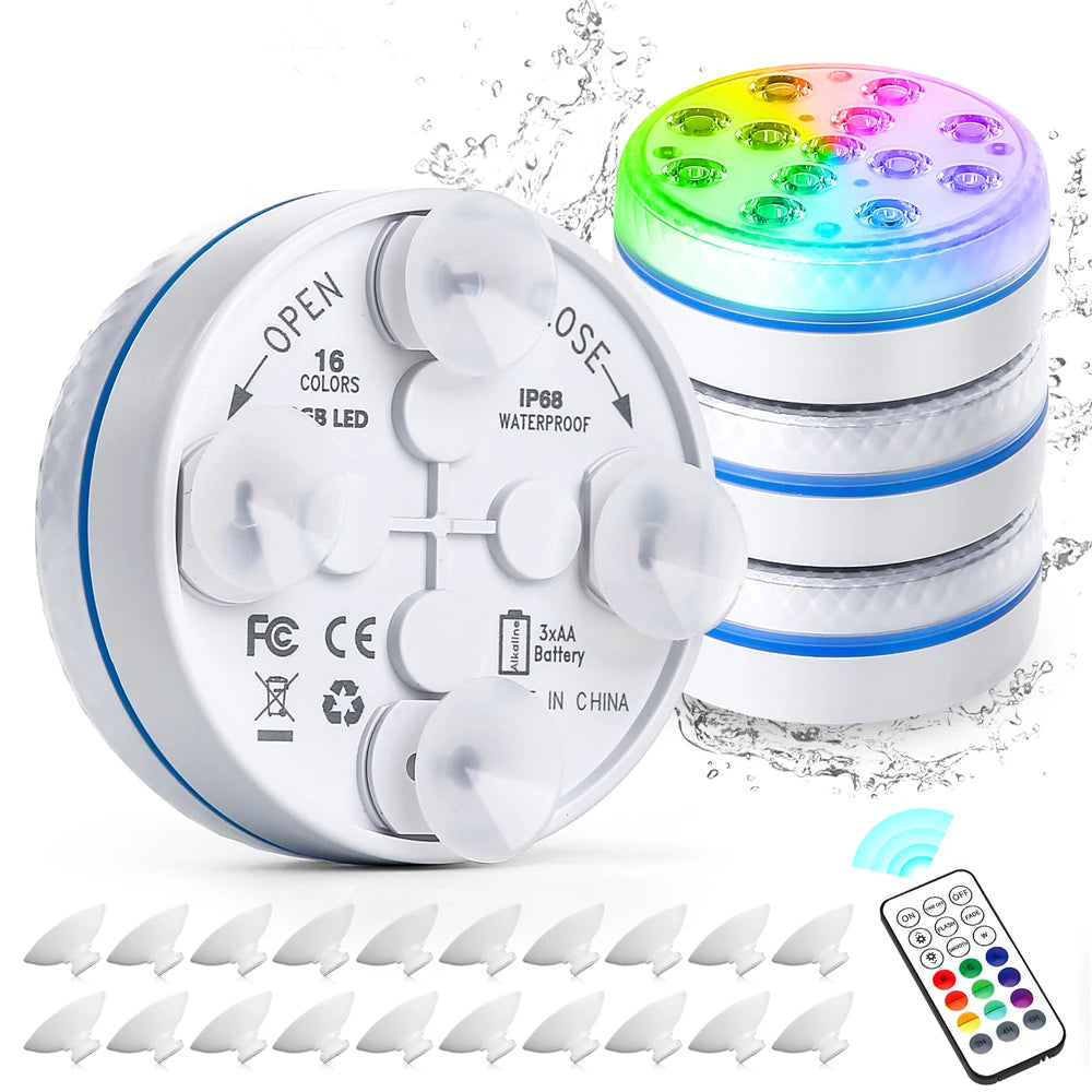 Updated Submersible LED Lights with Remote Underwater Pool Light IP68 Magnet 13 LED Bright Lamp RGB for Pond/Pool/Aquarium