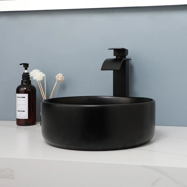 KEMAIDI Matte Black Bathroom Ceramic Washing Bowl Sink Above Counter Round Bathroom Sinks with Faucet Mixer Tap Set Deck Mounted