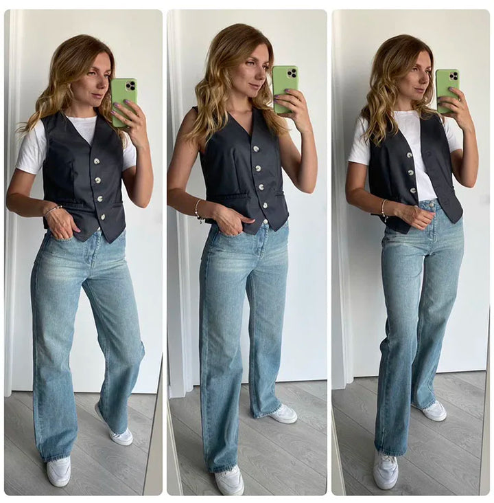 MiuKoMiYa Straight Leg Jeans For Women High Waist Gray Long Wide Denim Pants Vintage Blue Boyfriend Jeans