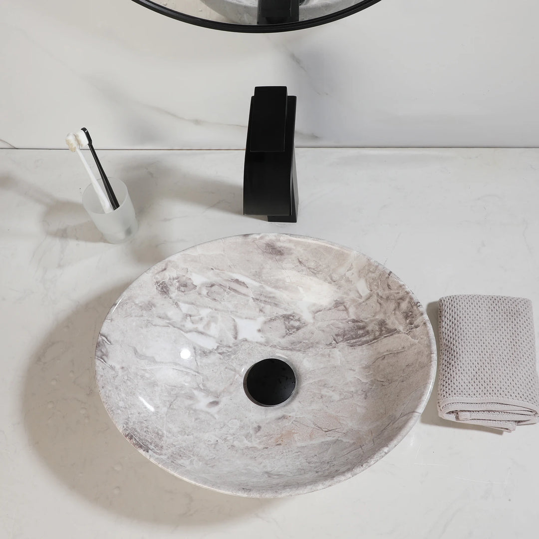 KEMAIDI Oval Vessel Sink with Faucet White Marbling Bathroom Vessel Sinks Above Counter  Ceramic Vessel Sinks for Bathroom Mixer
