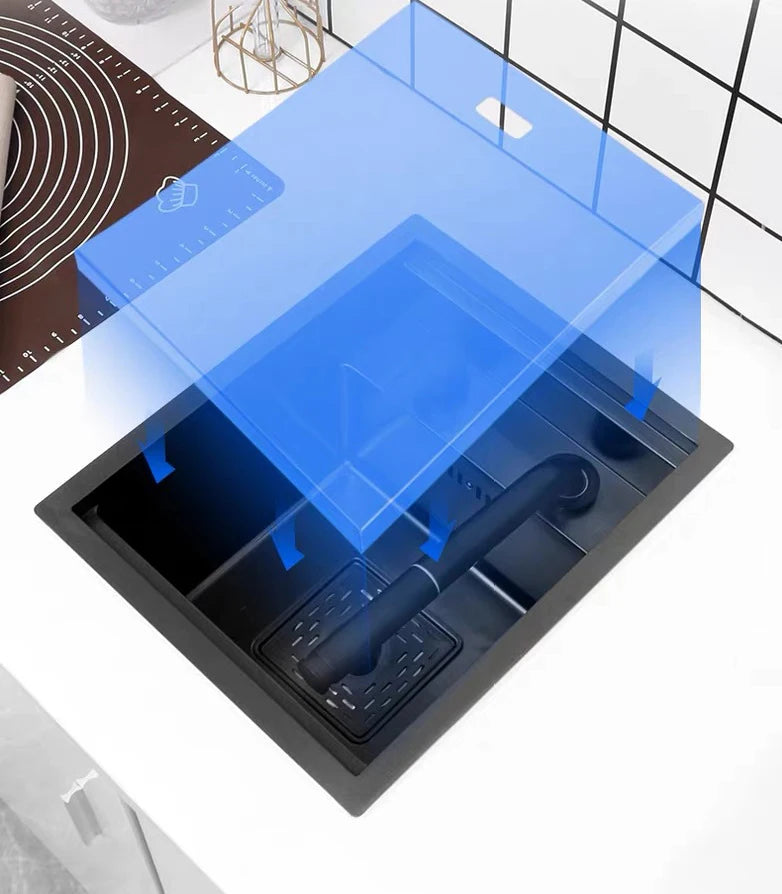 Nano Hidden Bar Kitchen Sink Black Folding Faucet Mini Small Single Bowl Wash Basin Stainless Steel Soap Dispenser Accessories