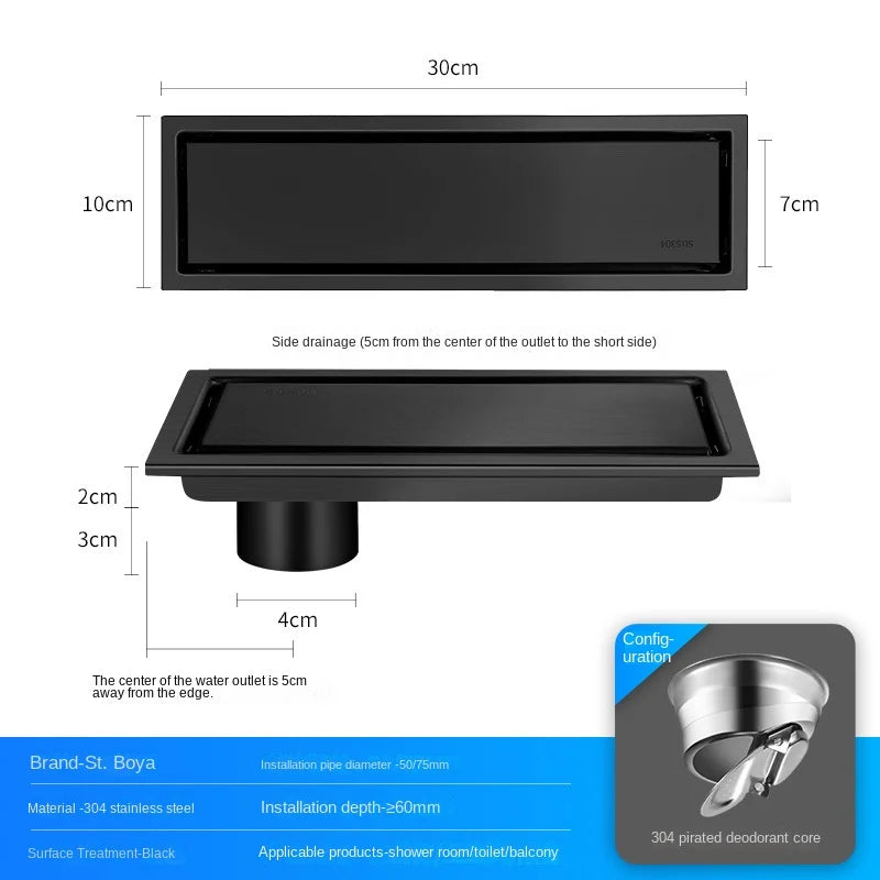Luxury Hidden 304 Stainless Steel Rectangular Floor Drain Bathroom Toilet Drain Anti-Odor Filter Hair Extended Floor Drain