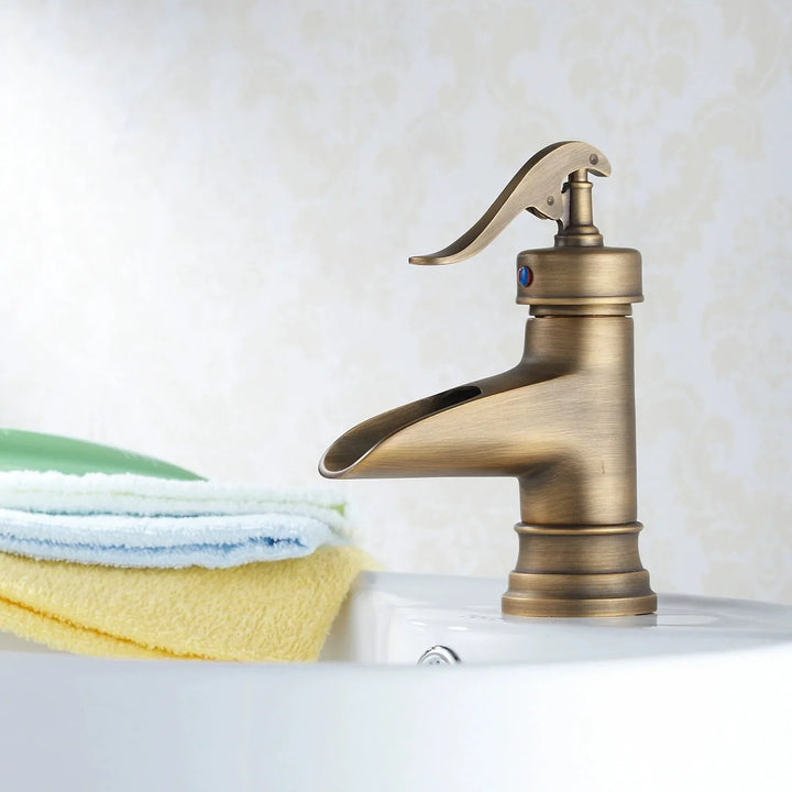 Copper antique brass washbasin hot and cold faucet European retro washbasin waterfall faucet single handle