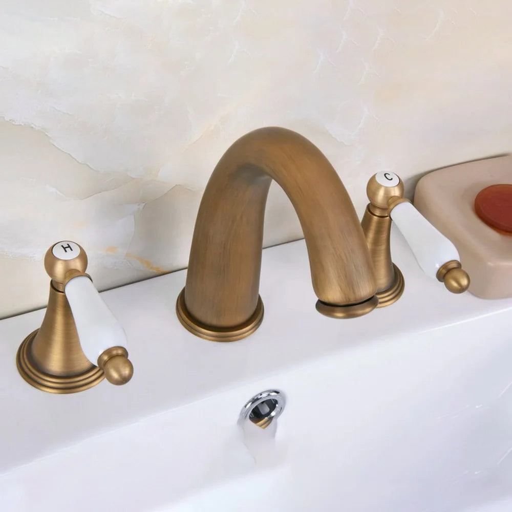 Antique Brass Widespread Bathroom Sink Faucet 3 Hole Basin Mixer Tap aan083