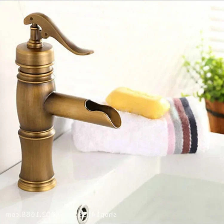 Copper antique brass washbasin hot and cold faucet European retro washbasin waterfall faucet single handle