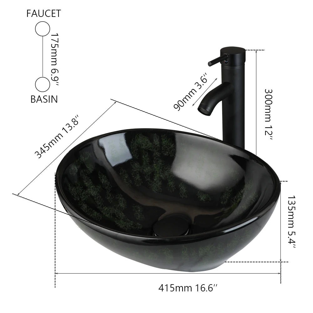 KEMAIDI Oval Vessel Sink with Faucet White Marbling Bathroom Vessel Sinks Above Counter  Ceramic Vessel Sinks for Bathroom Mixer