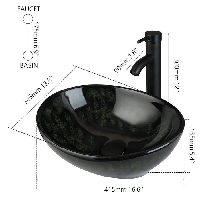 KEMAIDI Oval Vessel Sink with Faucet White Marbling Bathroom Vessel Sinks Above Counter  Ceramic Vessel Sinks for Bathroom Mixer
