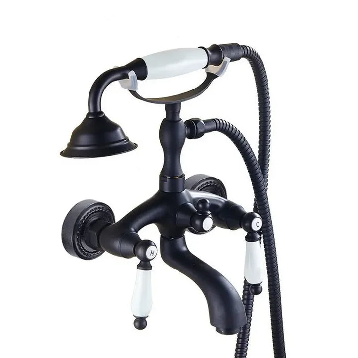 Antique Bathtub Shower Faucet Set Wall Mounted Black Bath Shower Faucet Bathroom Cold and Hot Bath and Shower Mixer Taps Brass