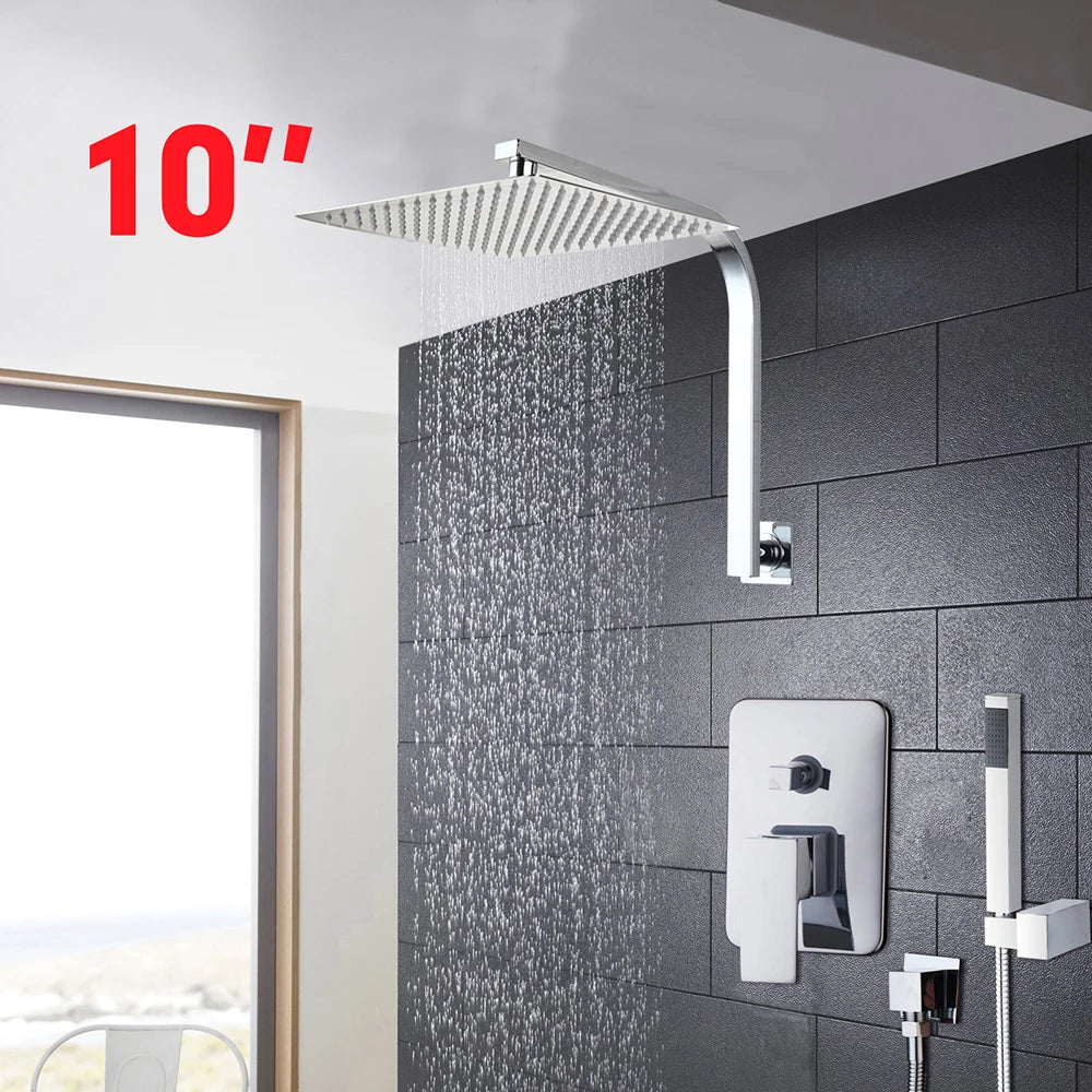 Torayvino Bathroom Shower Set LED Square Rainfall Shower Head Wall Mounted W/ Control Valve Hand Sprayer Chrome Polished Kit