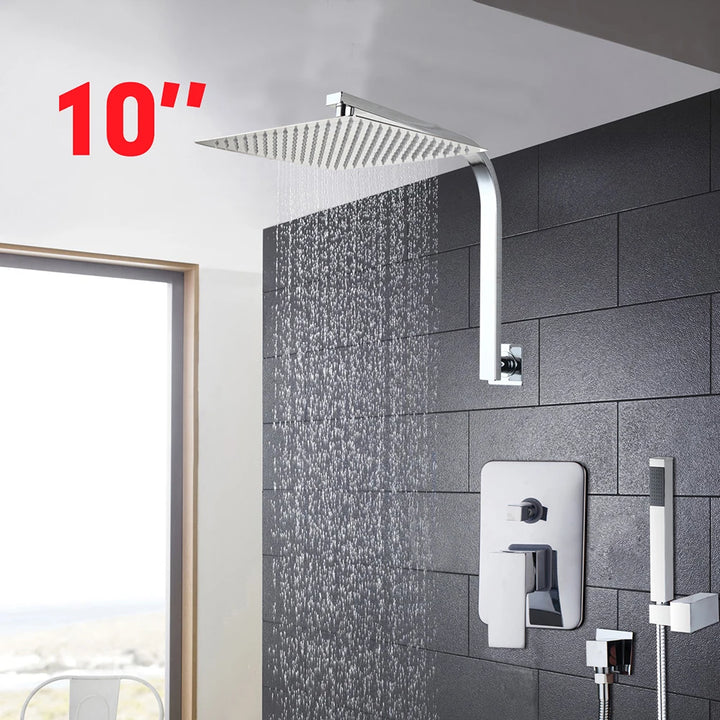 Torayvino Bathroom Shower Set LED Square Rainfall Shower Head Wall Mounted W/ Control Valve Hand Sprayer Chrome Polished Kit