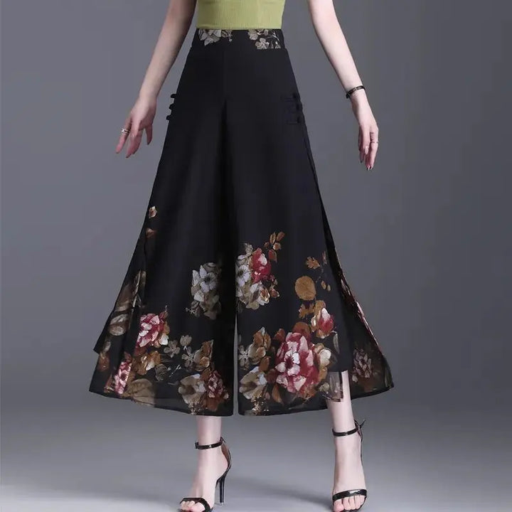 Thin Chinese Style Floral Chiffon Wide Leg Pants Women Tie Die Printed Button Loose High Waist Vintage Straight Trousers