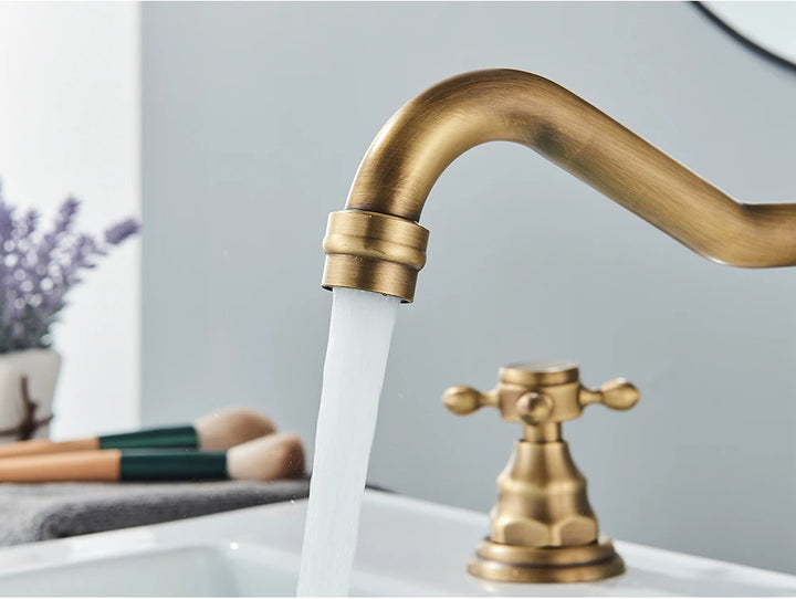 Antique Brass Bathroom Mixer Taps Widespread Basin Faucet Dual Handles Hot and Cold Tap Deck Mounted Brass Basin Sink Faucet