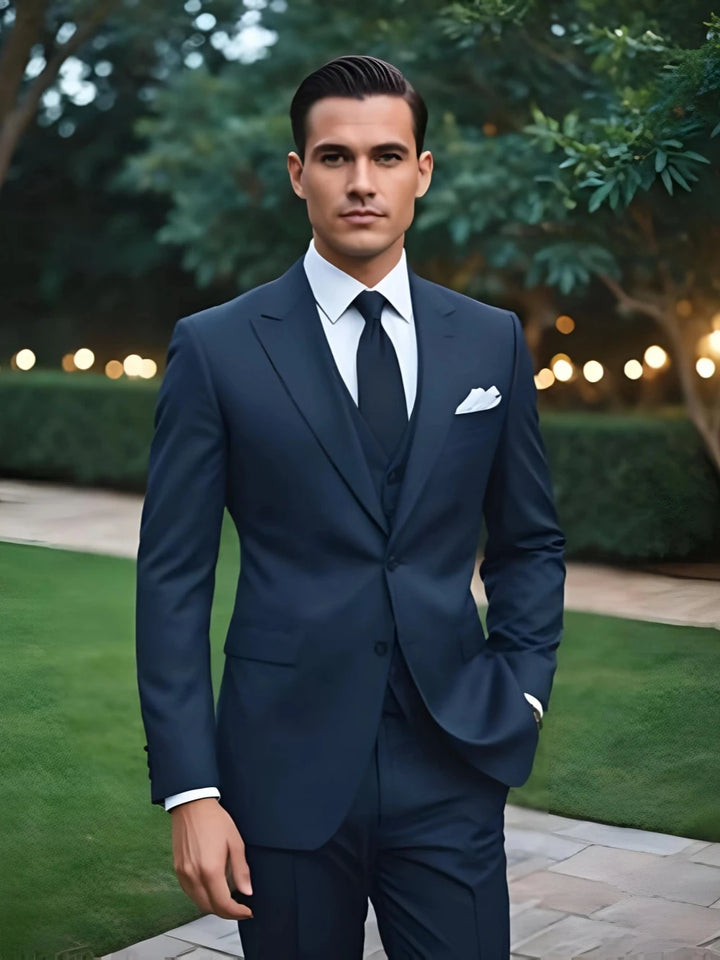 Classic Formal Men's Business Tuxedo 2 Pieces Blazer Pants Classy Blue Suit Set For Men Wedding Party Guest Outfit Customized