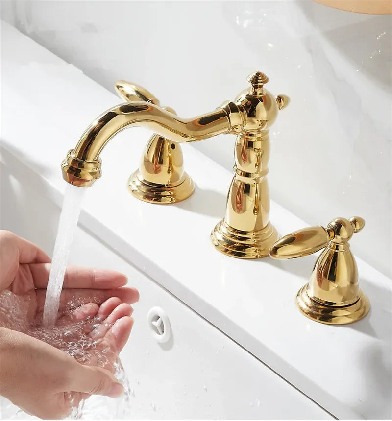 Basin Faucet Brass Gold Widespread Bathroom  Antique Sink  3 Hole Hot And Cold Water  Tap Pop Up