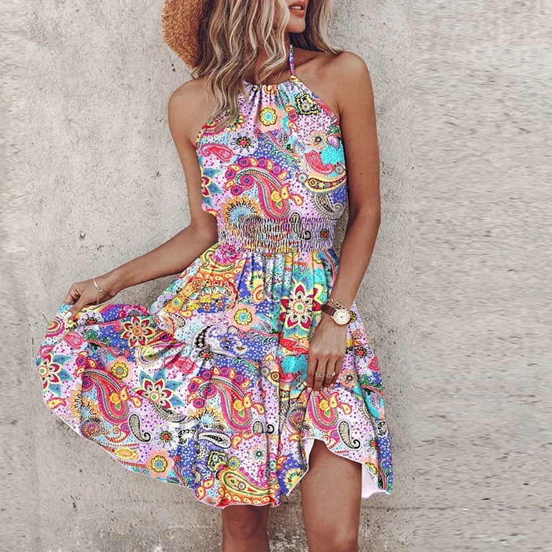 Summer Floral Print Mini Dress Women Sexy Halter Dresses For Women Casual Sleeveless  Beach Holiday Dress Boho