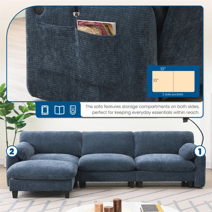 Sectional Sofa Couch with Ottoman Wholesale L-Shape with Extra-Wide Seat Cushion USB Type-C Charger Phone Holder Modular