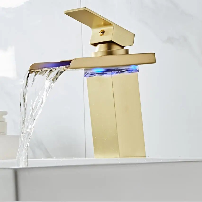 Brushed Gold LED Basin Faucet Waterfall Sink Taps Color Changing Temperature Bathroom Mixer Brass Cold Hot Tap