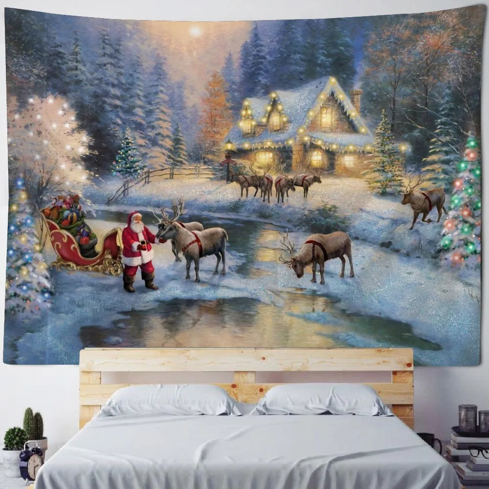 Christmas tapestry, winter snow view, Santa Claus, elk fireplace, room art decoration, wall hanging cloth,