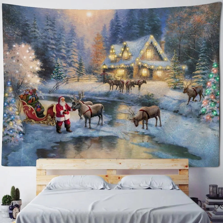 Christmas tapestry, winter snow view, Santa Claus, elk fireplace, room art decoration, wall hanging cloth,