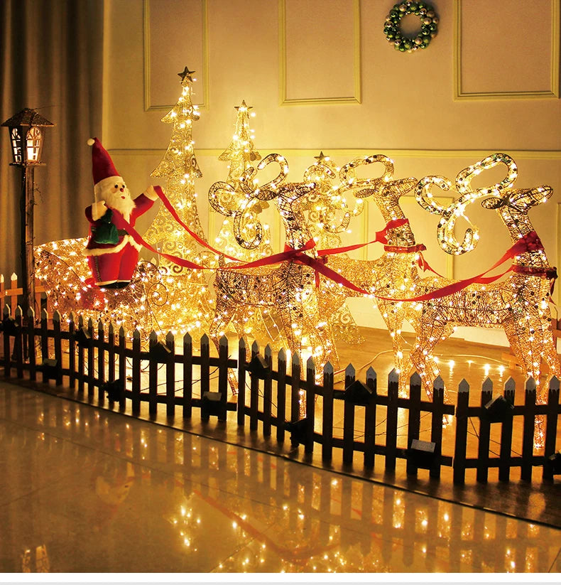 Christmas Gold Reindeer Sleigh  Led Light iron sleigh cart Home Garden Yard Ornament Outdoor