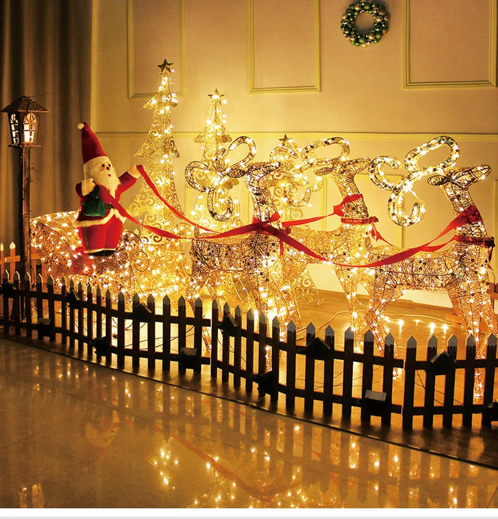 Christmas Gold Reindeer Sleigh  Led Light iron sleigh cart Home Garden Yard Ornament Outdoor