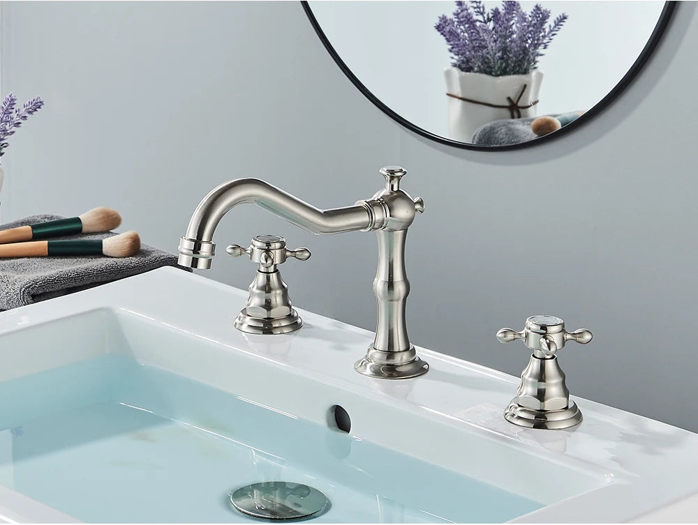 Antique Brass Bathroom Mixer Taps Widespread Basin Faucet Dual Handles Hot and Cold Tap Deck Mounted Brass Basin Sink Faucet