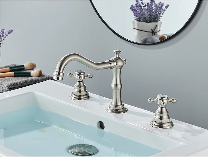 Antique Brass Bathroom Mixer Taps Widespread Basin Faucet Dual Handles Hot and Cold Tap Deck Mounted Brass Basin Sink Faucet