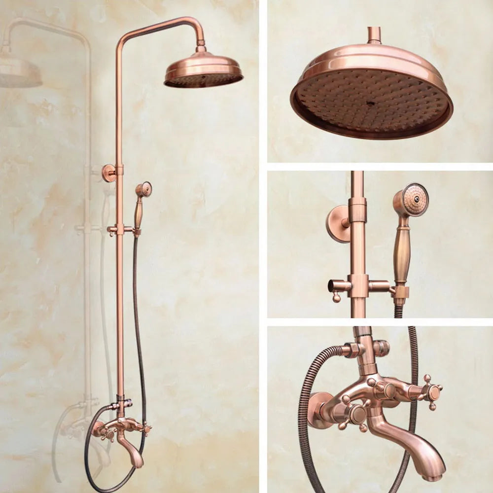 Antique Red Copper Wall Mounted Bathroom 8" inch Round Rain Shower Faucet Set Dual Cross Handle Tub Mixer Tap arg501
