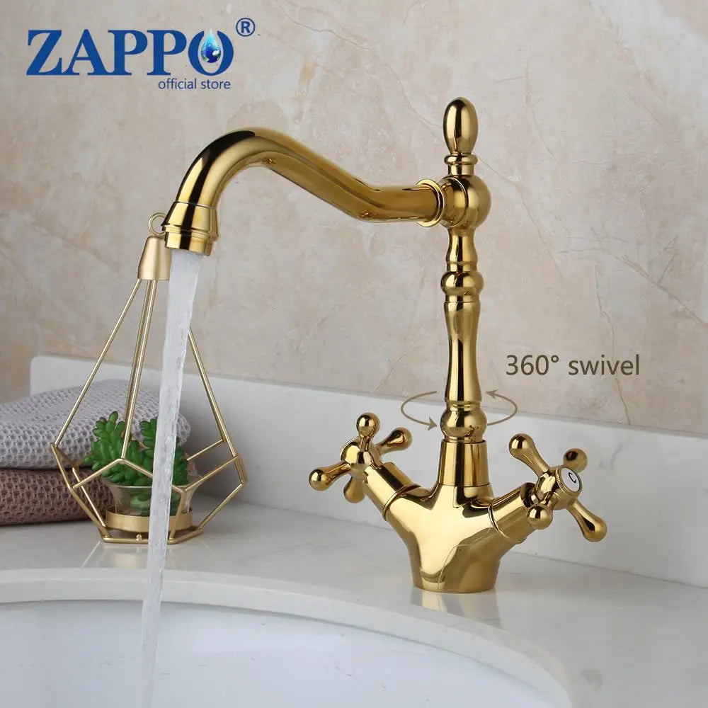 ZAPPO Kitchen Sink Faucet Polish Chrome Double Cross Handle Mixer 360° Swivel Spout Kitchen Faucets Tap Hot and Cold Water Taps