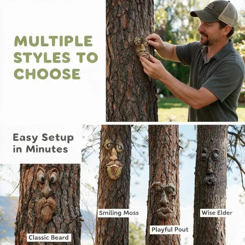 Whimsical Tree Face Resin Statue, Tree Hugger Decor with Bark Texture, Weatherproof Outdoor Garden Yard Ornament, Creative Tree