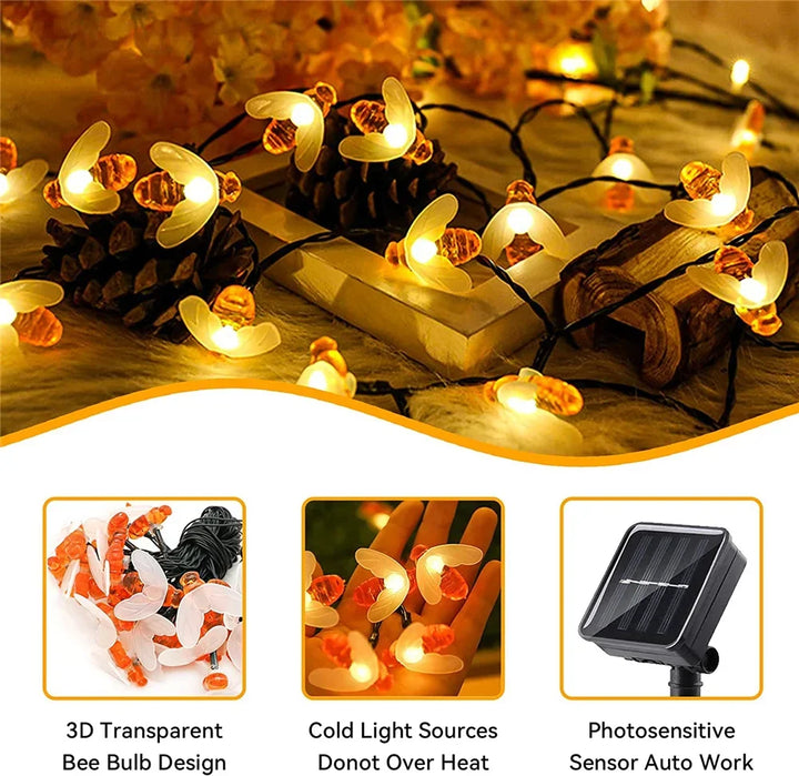 Solar Bee LED String Lights Outdoor Holiday Party Lighting Night Lamp for Garden