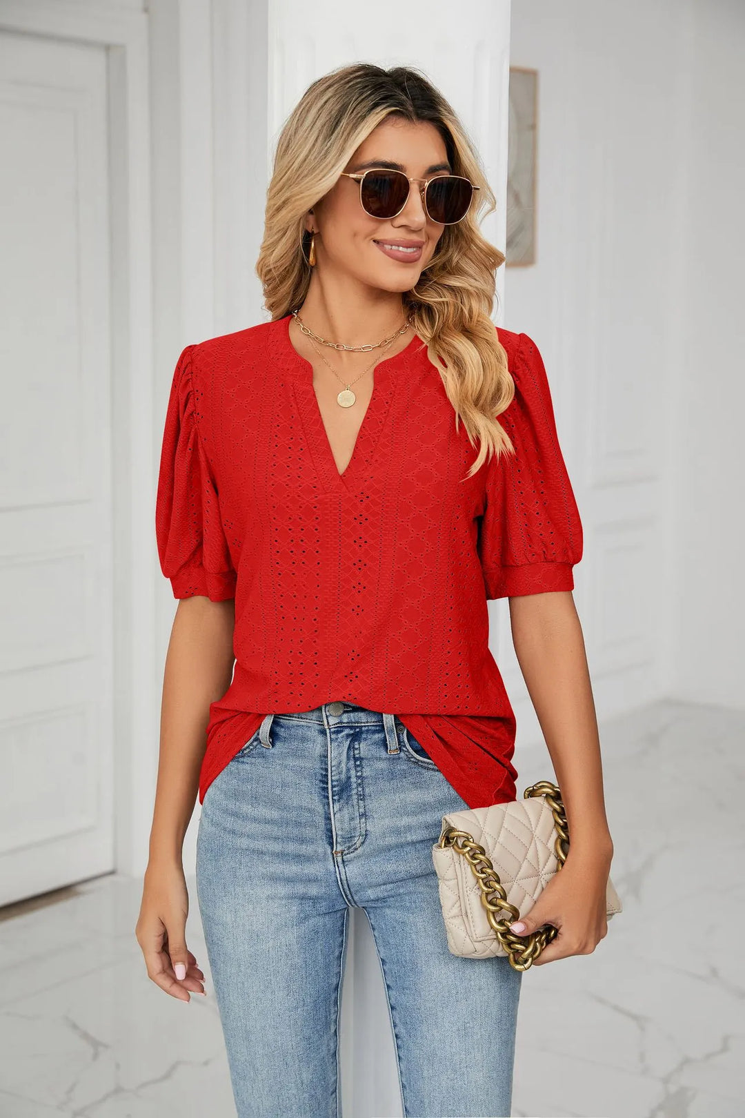 Womens Summer Tops V Neck Ruffle Sleeve Blouses Short Sleeve Casual Tops T-Shirts For Women