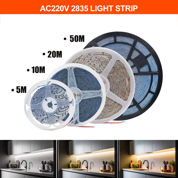 10M 20M 50M/Roll AC 220V 240V LED Strip NO Need Driver IP44 3000K 4000K 6000K 2835 120Leds/M Flexible Ribbon Rope Tape Light