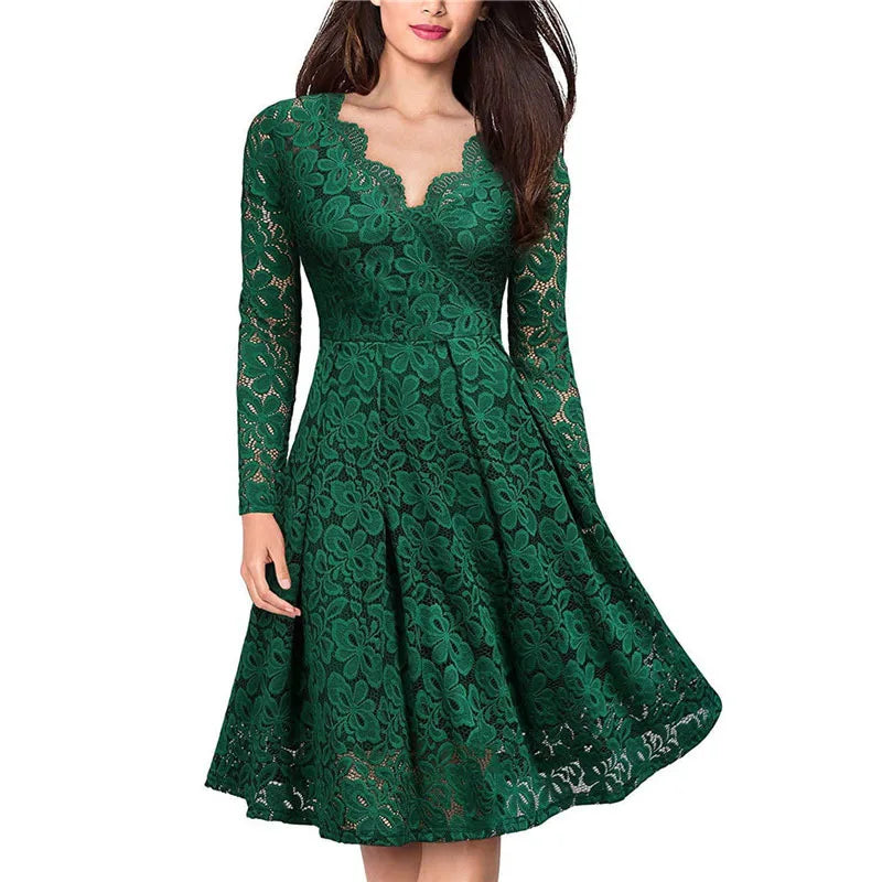 LSYCDS Elegant Sexy Dress for Women Vintage Lace Long Sleeve V Neck