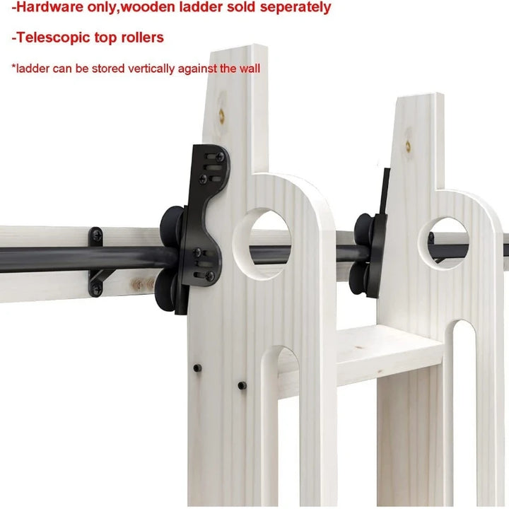 8FT(244cm)  Retractable Sliding Library  Hardware Kit No Ladder，Round Tube Rolling Ladder Track， Floor Roller with Brake