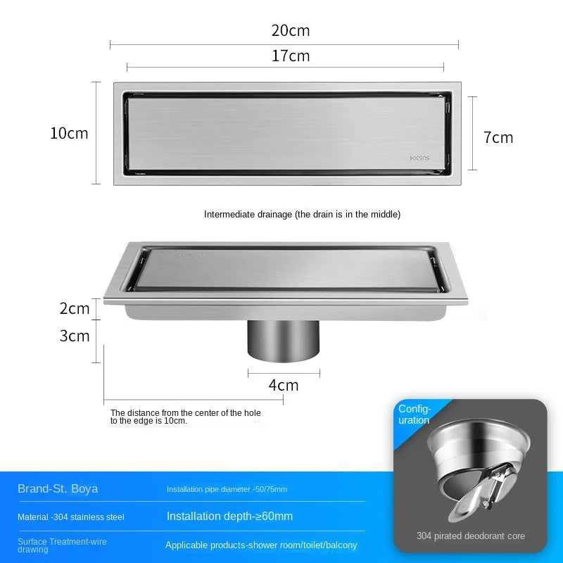 Luxury Hidden 304 Stainless Steel Rectangular Floor Drain Bathroom Toilet Drain Anti-Odor Filter Hair Extended Floor Drain